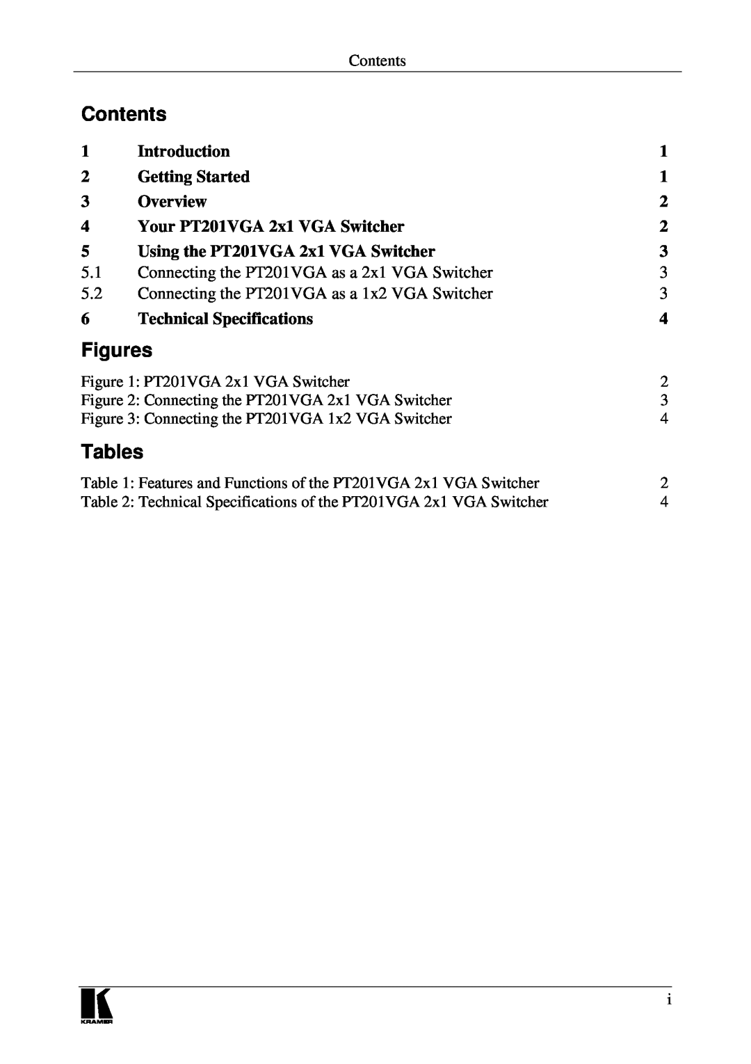 Kramer Electronics PT201VGA user manual Contents, Figures, Tables 