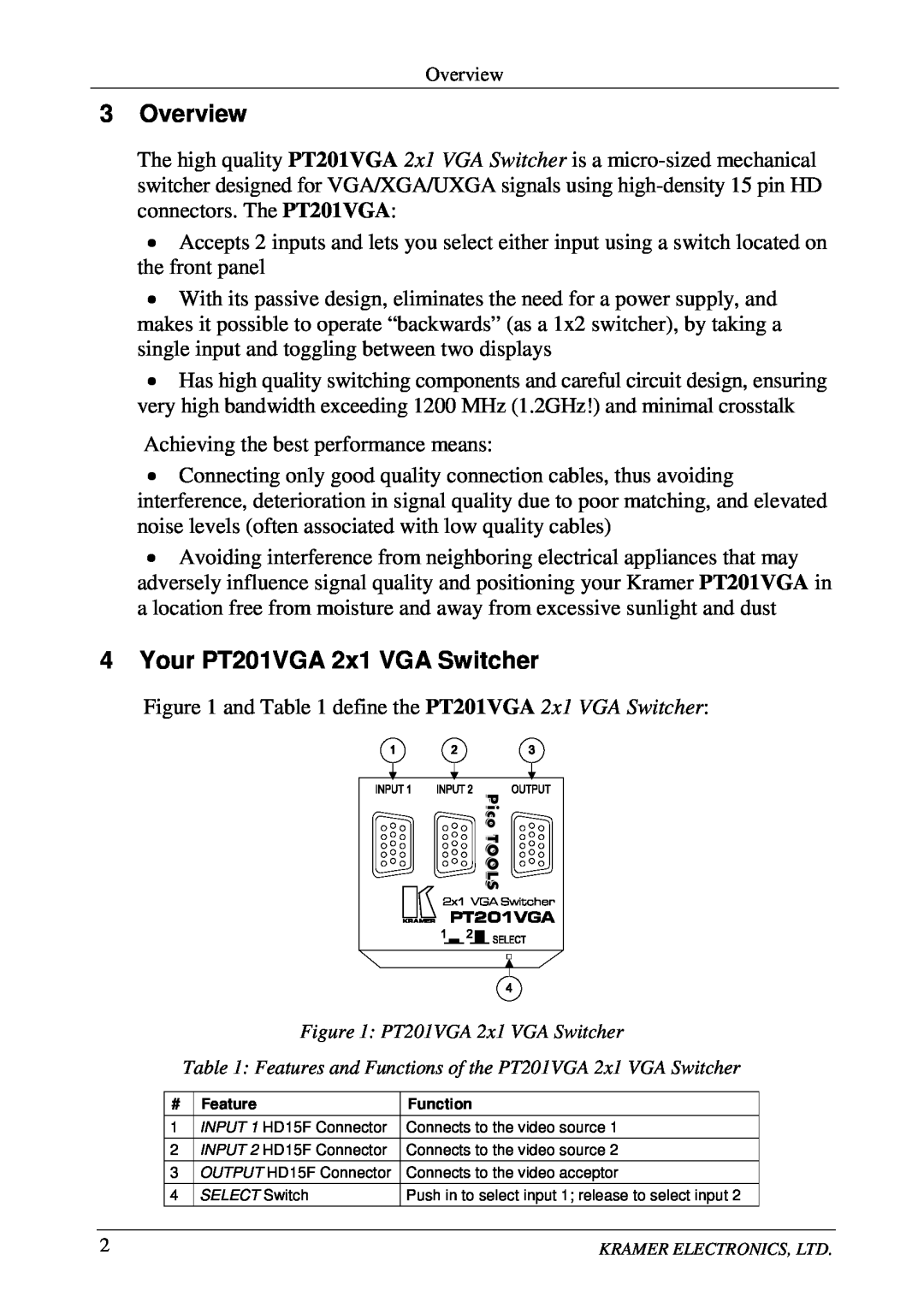 Kramer Electronics user manual 3Overview, Your PT201VGA 2x1 VGA Switcher 