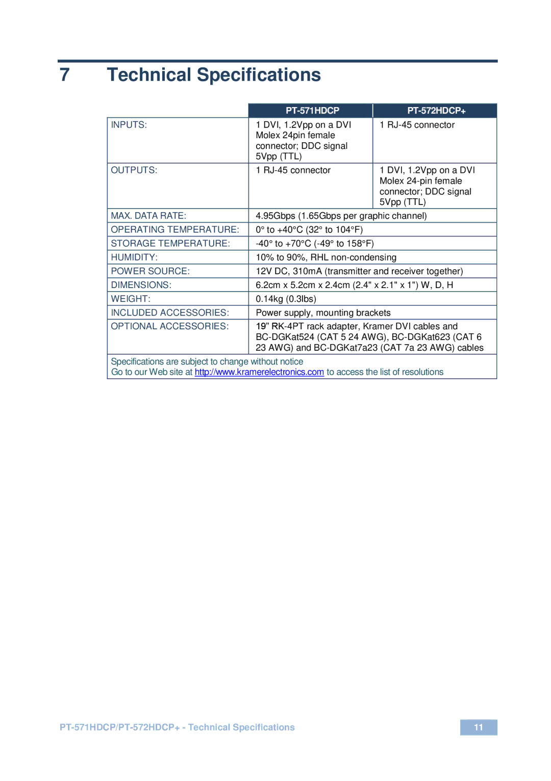 Kramer Electronics PT571HDCP user manual Technical Specifications, PT-571HDCP 