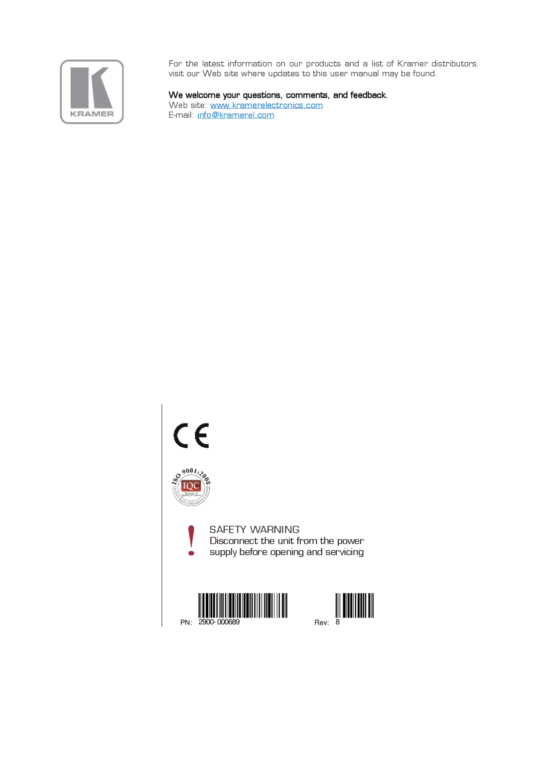 Kramer Electronics PT571HDCP user manual Safety Warning 