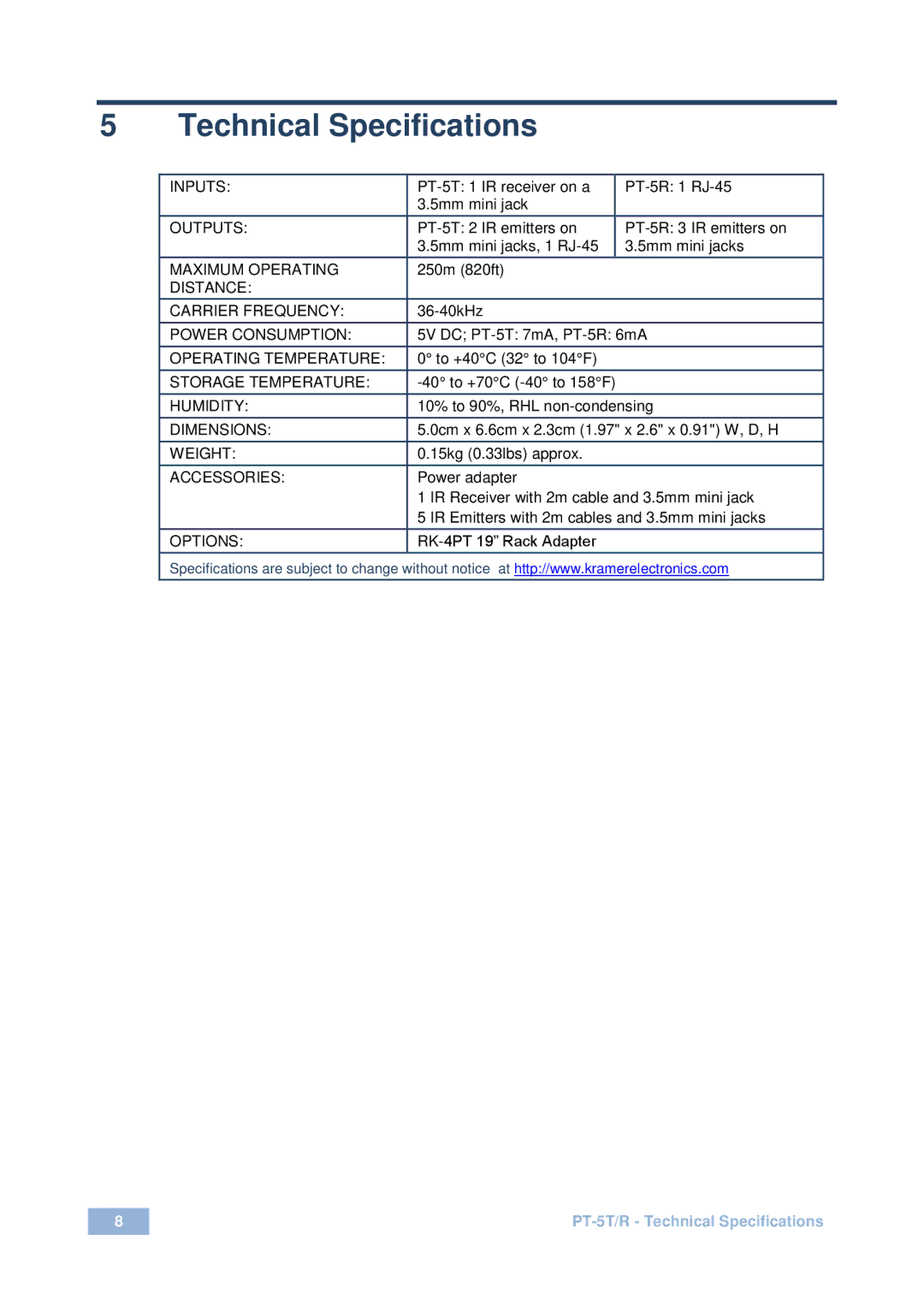 Kramer Electronics PT-5T, R user manual Technical Specifications, Accessories 