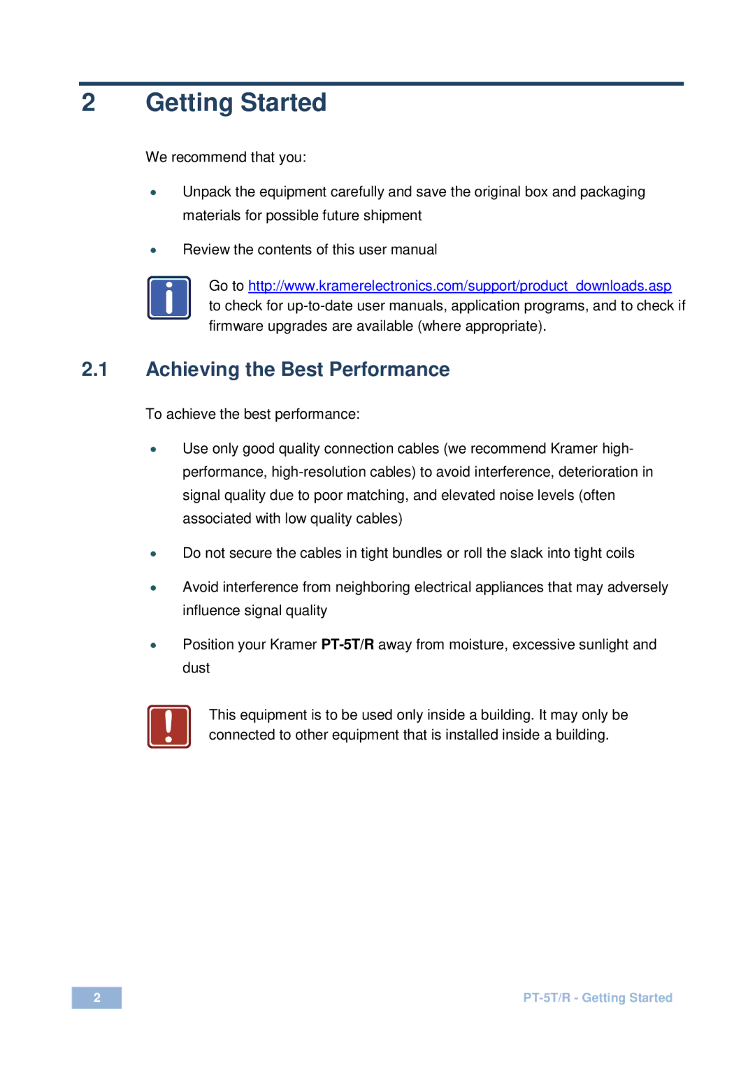Kramer Electronics PT-5T, R user manual Getting Started, Achieving the Best Performance 