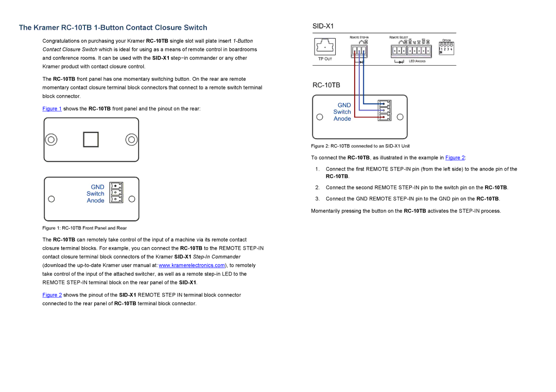 Kramer Electronics user manual Kramer RC-10TB 1-Button Contact Closure Switch 