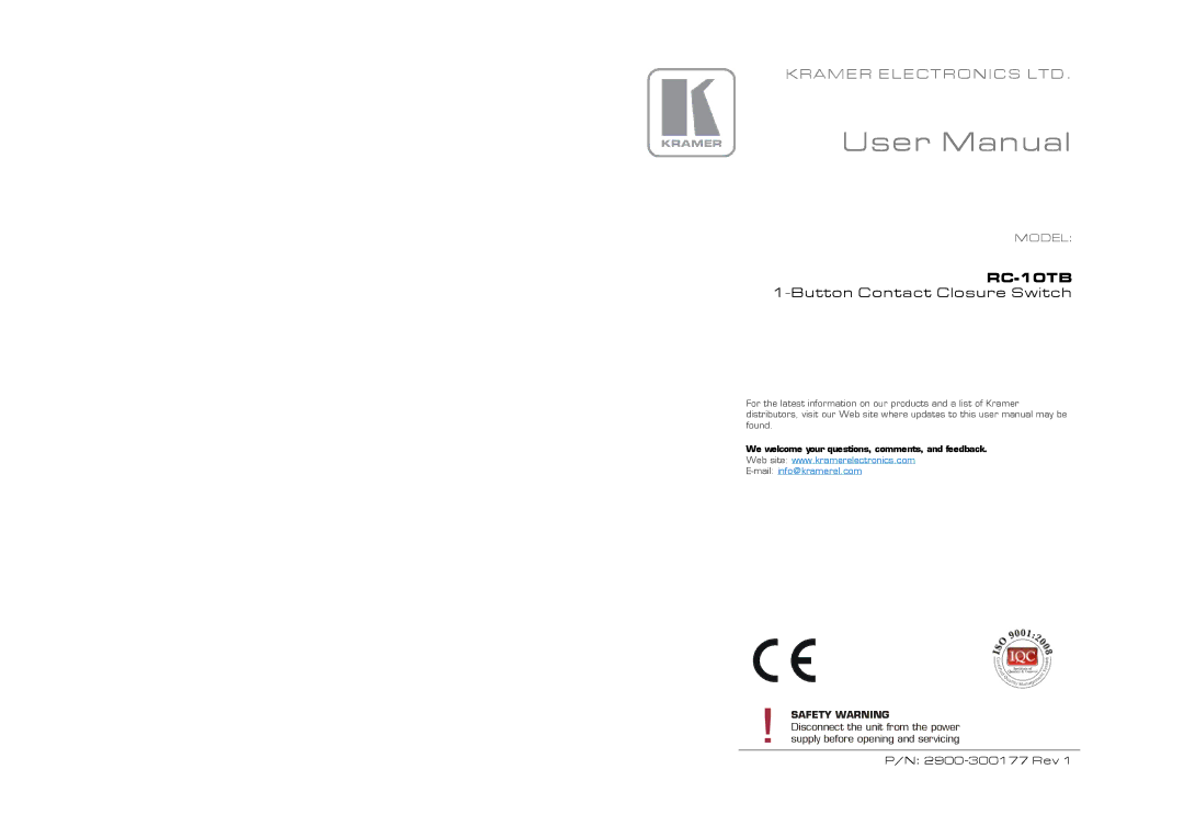 Kramer Electronics RC-10TB user manual Button Contact Closure Switch 