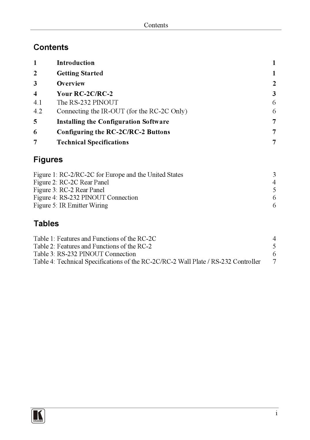 Kramer Electronics RC-2C user manual Contents, Tables 