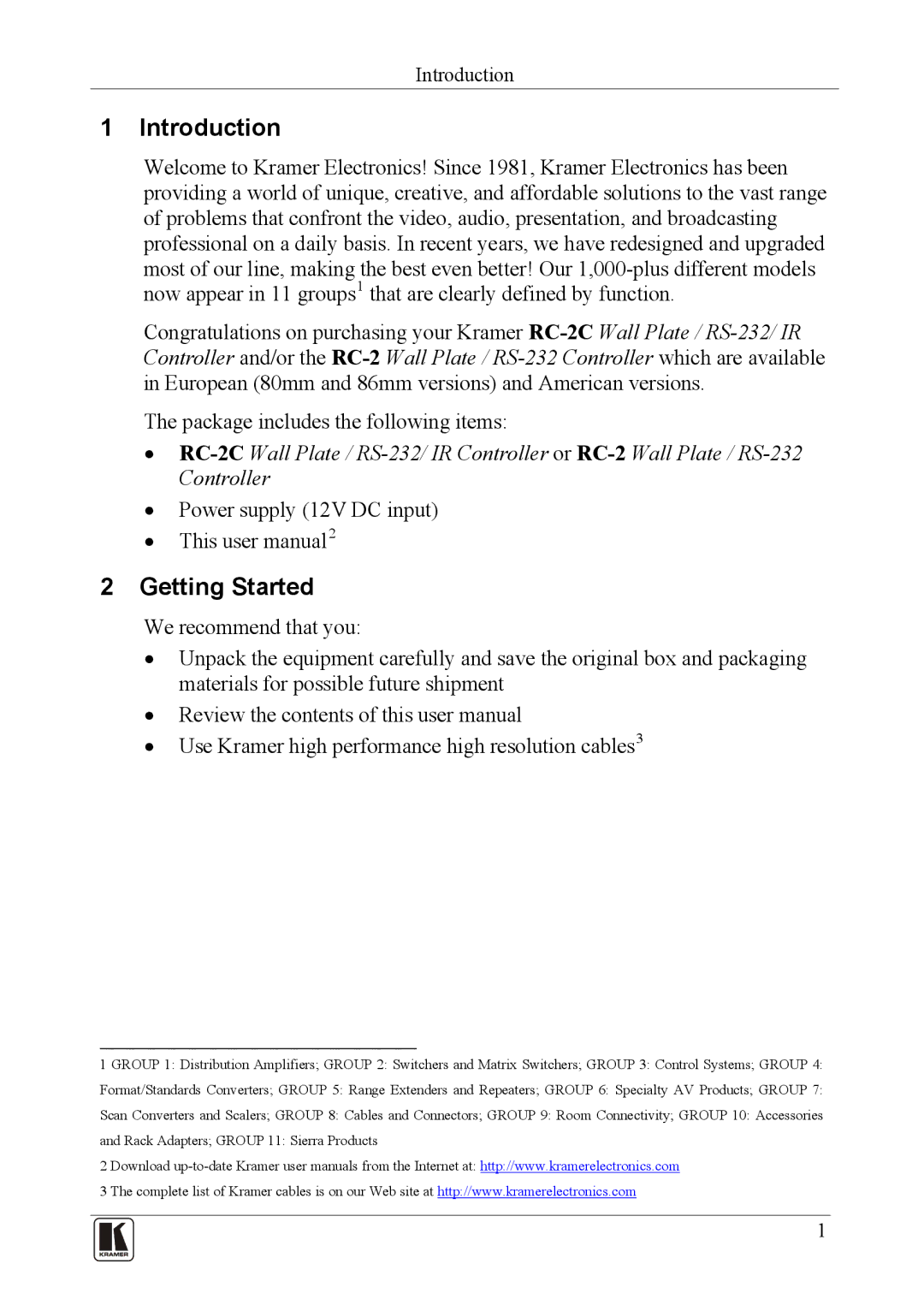 Kramer Electronics RC-2C user manual Introduction, Getting Started 