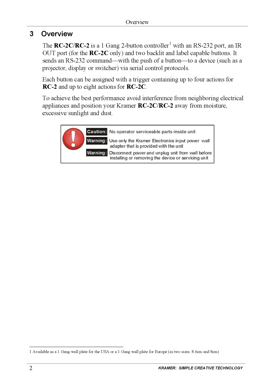 Kramer Electronics RC-2C user manual Overview 