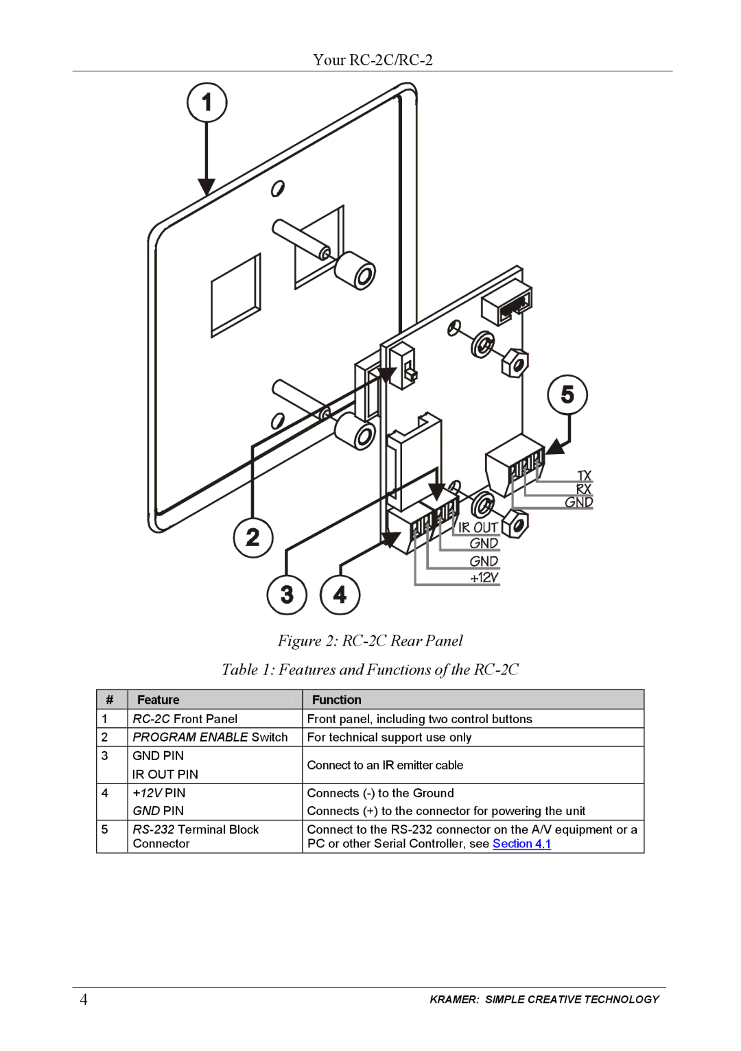 Kramer Electronics user manual RC-2C Rear Panel Features and Functions of the RC-2C 