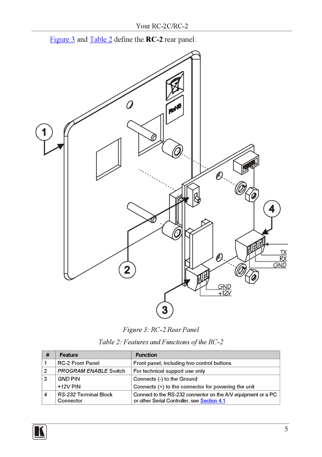 Kramer Electronics RC-2C user manual Define the RC-2rear panel 