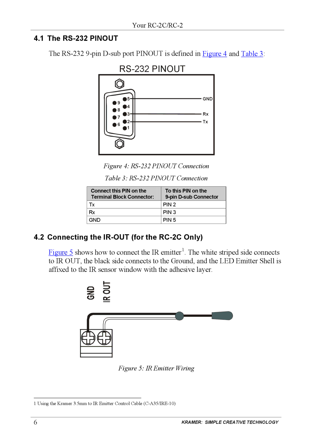 Kramer Electronics RC-2C user manual RS-232 Pinout 