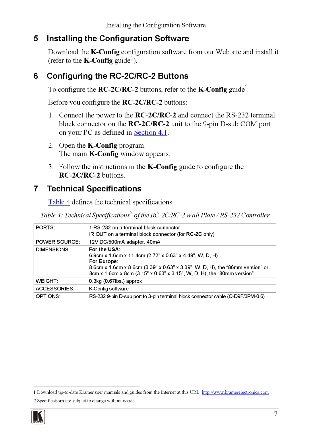 Kramer Electronics Installing the Configuration Software, Configuring the RC-2C/RC-2 Buttons, Technical Specifications 