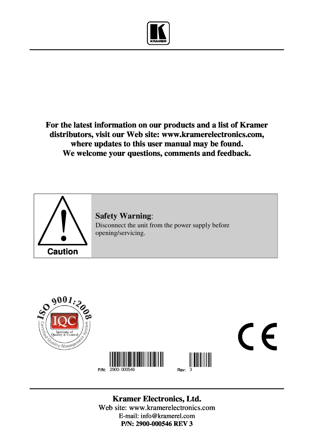 Kramer Electronics RC-2C We welcome your questions, comments and feedback, Safety Warning, P/N 2900-000546REV, Rev 