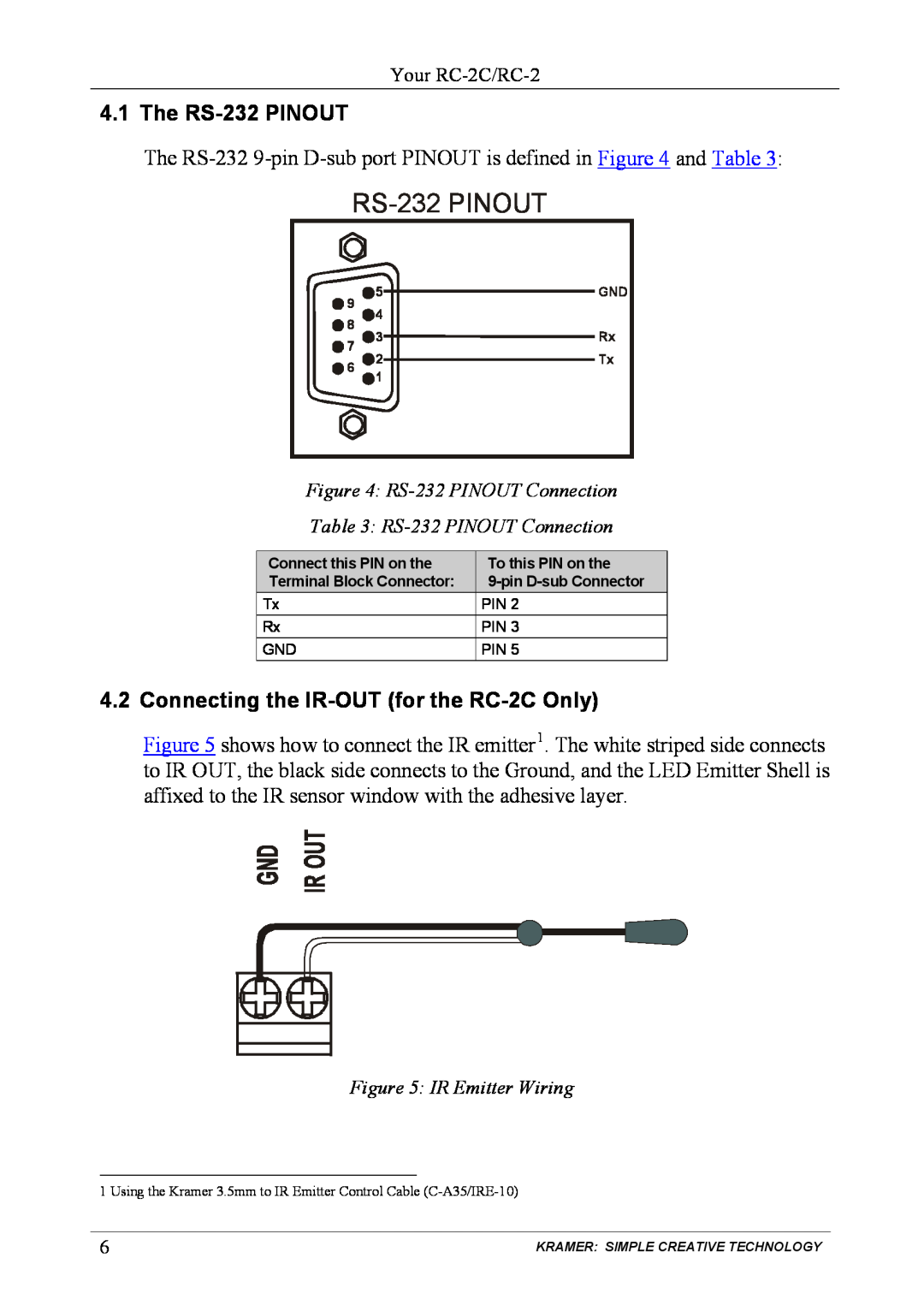 Kramer Electronics user manual The RS-232PINOUT, Connecting the IR-OUTfor the RC-2COnly 