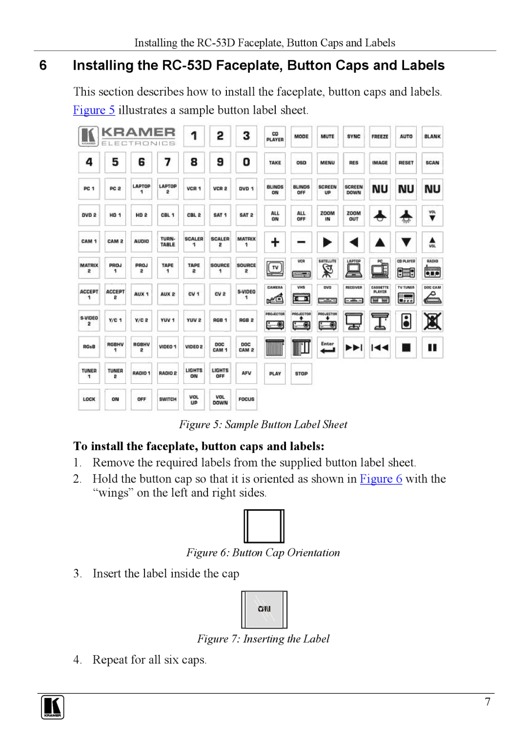 Kramer Electronics user manual Installing the RC-53D Faceplate, Button Caps and Labels 