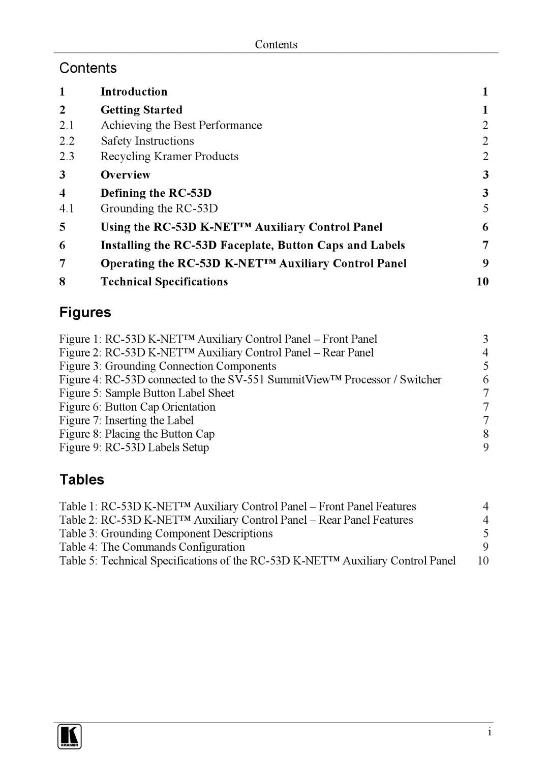 Kramer Electronics RC-53D user manual Figures, Tables 