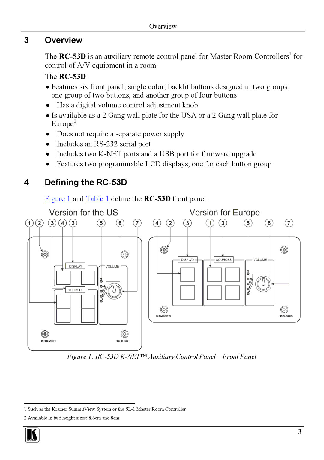 Kramer Electronics user manual Overview, Defining the RC-53D 