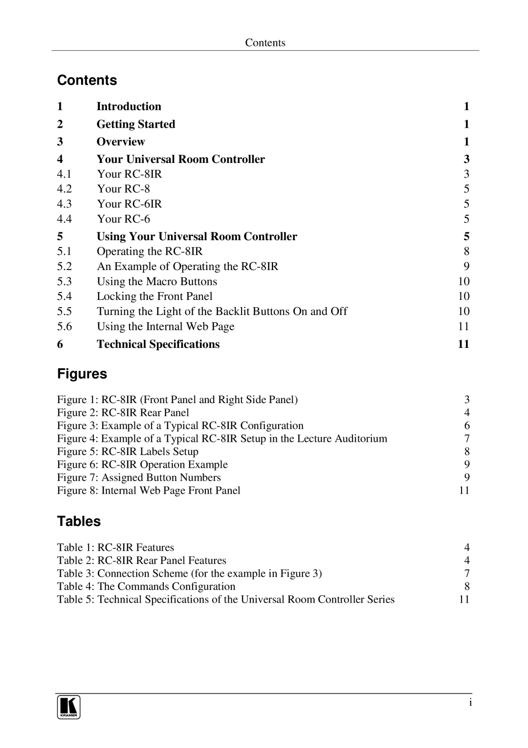 Kramer Electronics RC-6IR, RC-8IR user manual Contents, Tables 