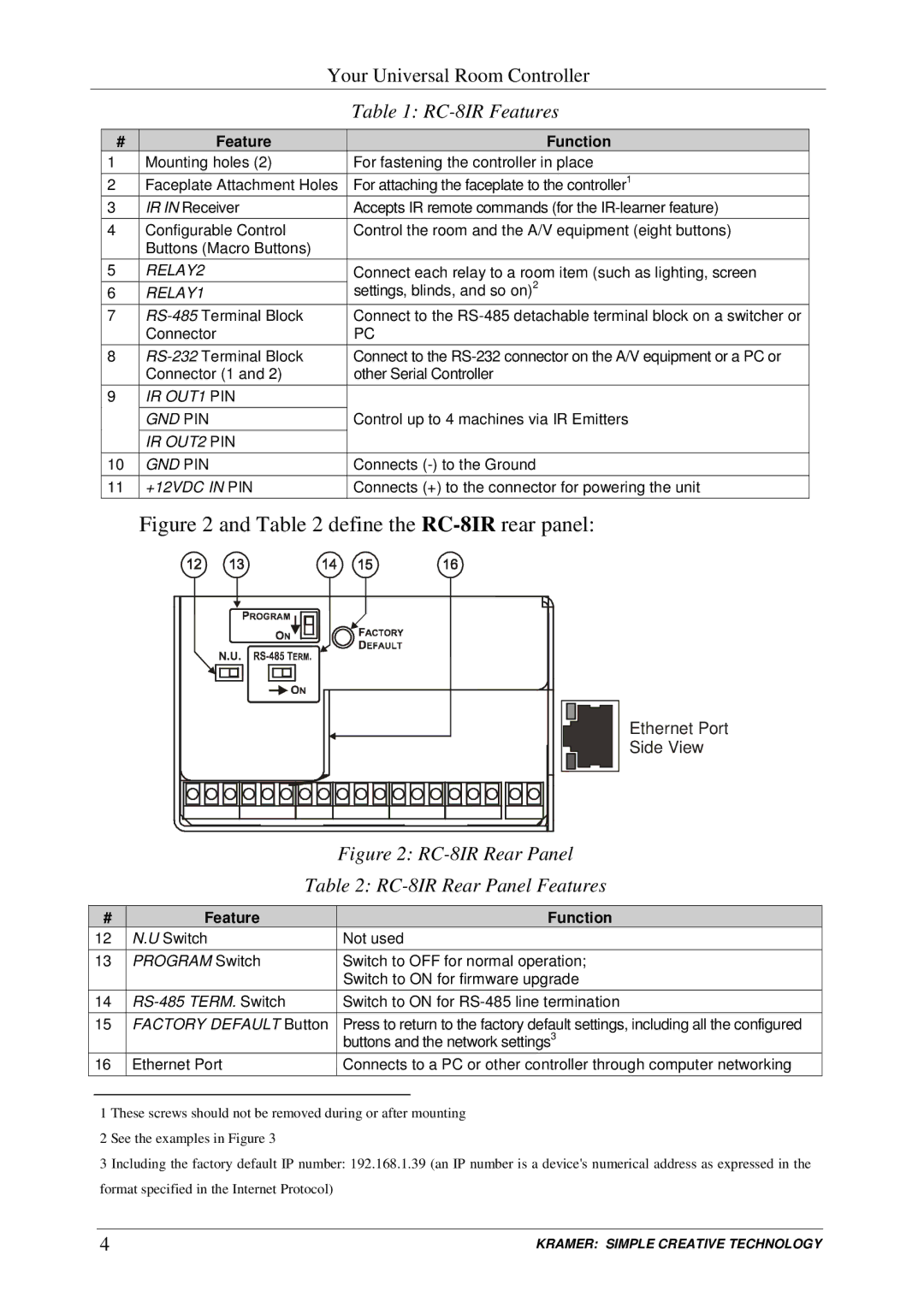 Kramer Electronics RC-6IR user manual RC-8IR Features, RC-8IR Rear Panel Features 