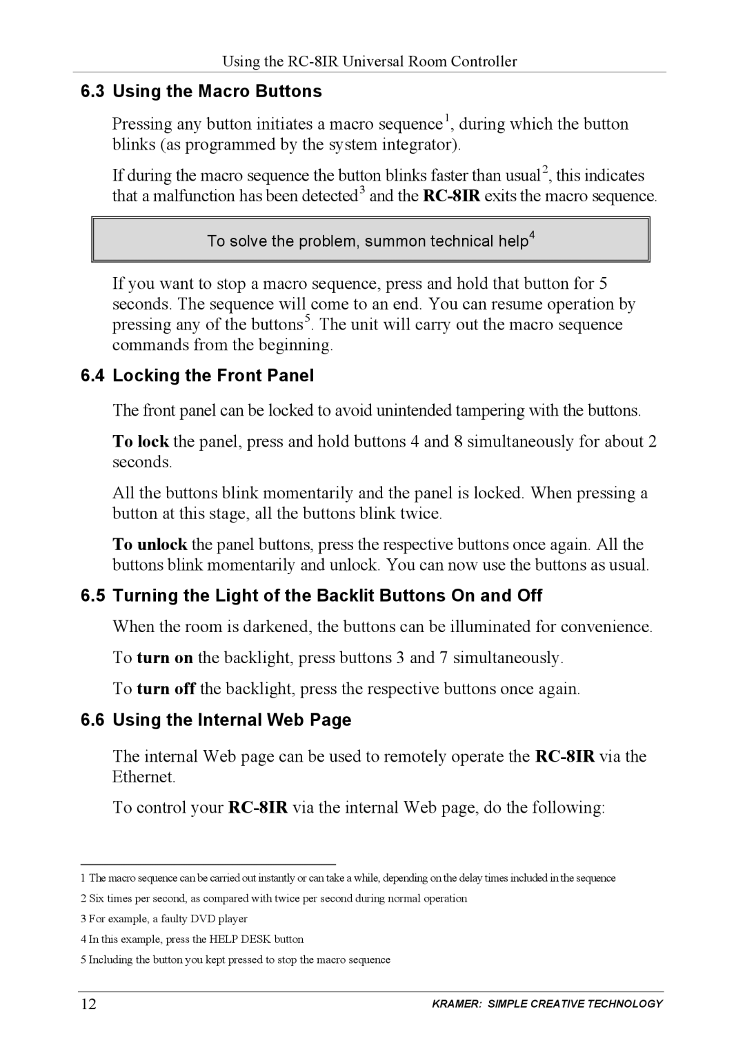 Kramer Electronics RC-81R user manual Using the Macro Buttons, Locking the Front Panel, Using the Internal Web 