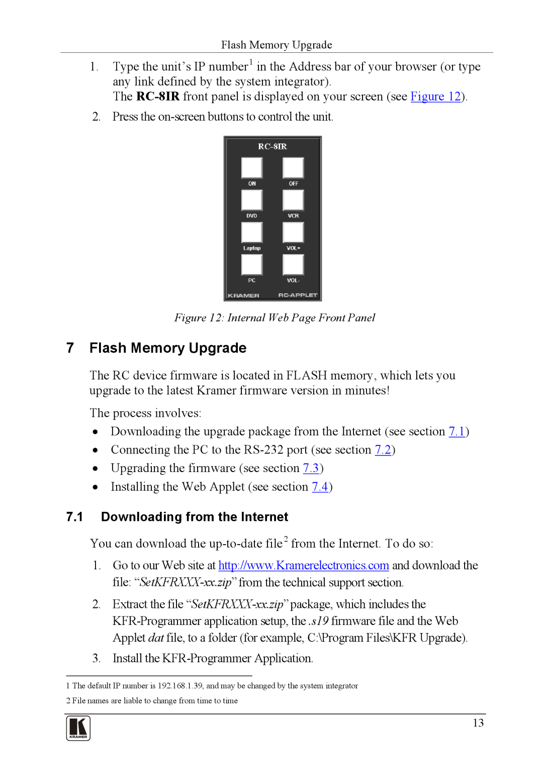 Kramer Electronics RC-81R user manual Flash Memory Upgrade, Downloading from the Internet 