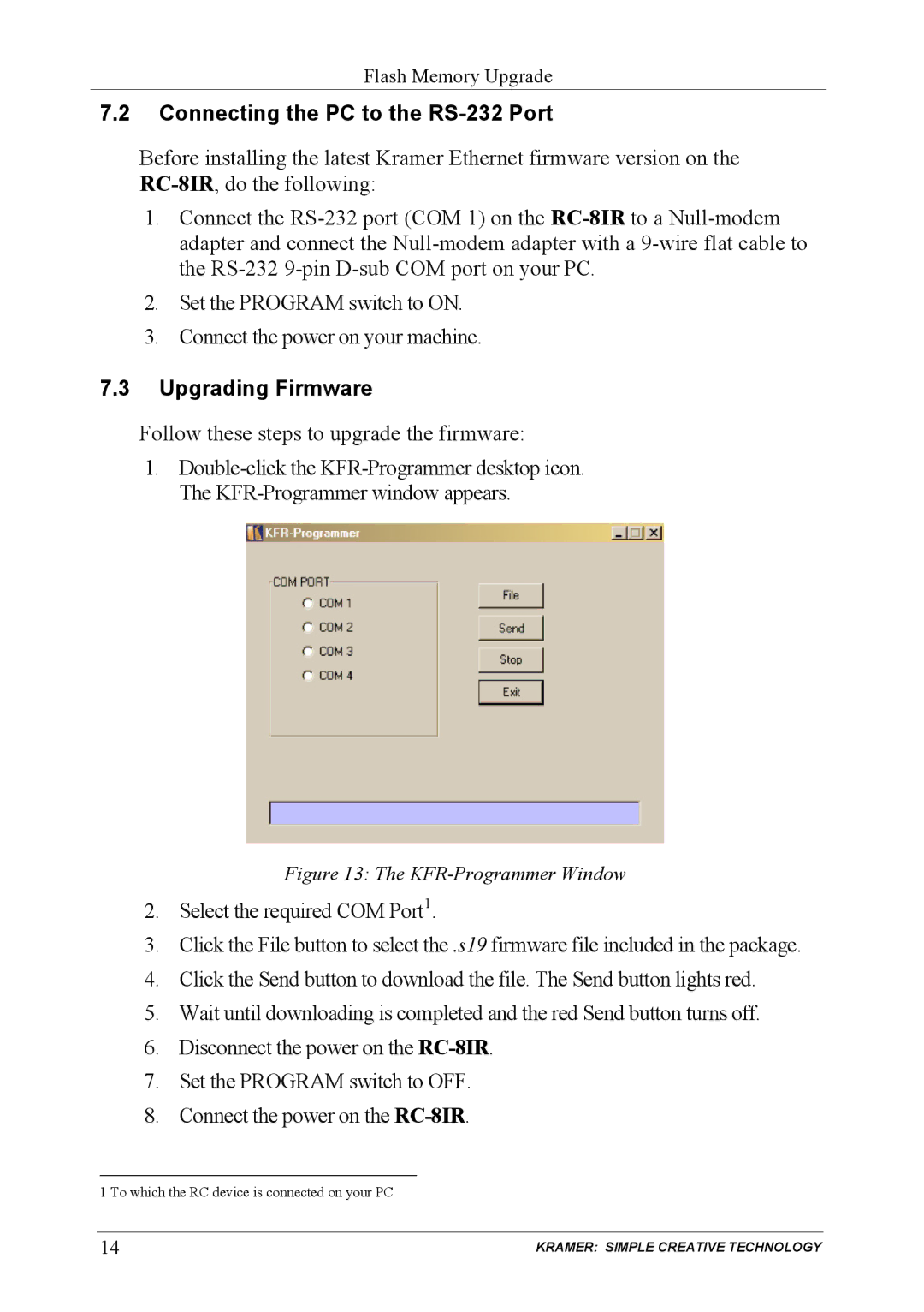 Kramer Electronics RC-81R user manual Connecting the PC to the RS-232 Port, Upgrading Firmware 