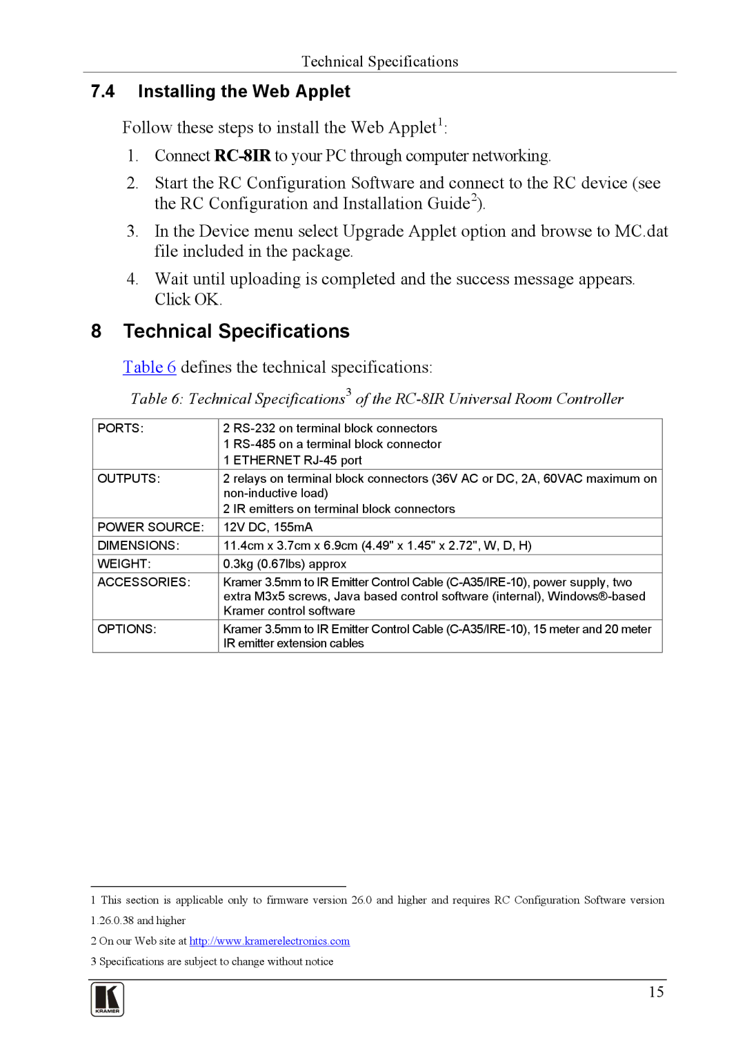 Kramer Electronics RC-81R user manual Technical Specifications, Installing the Web Applet 