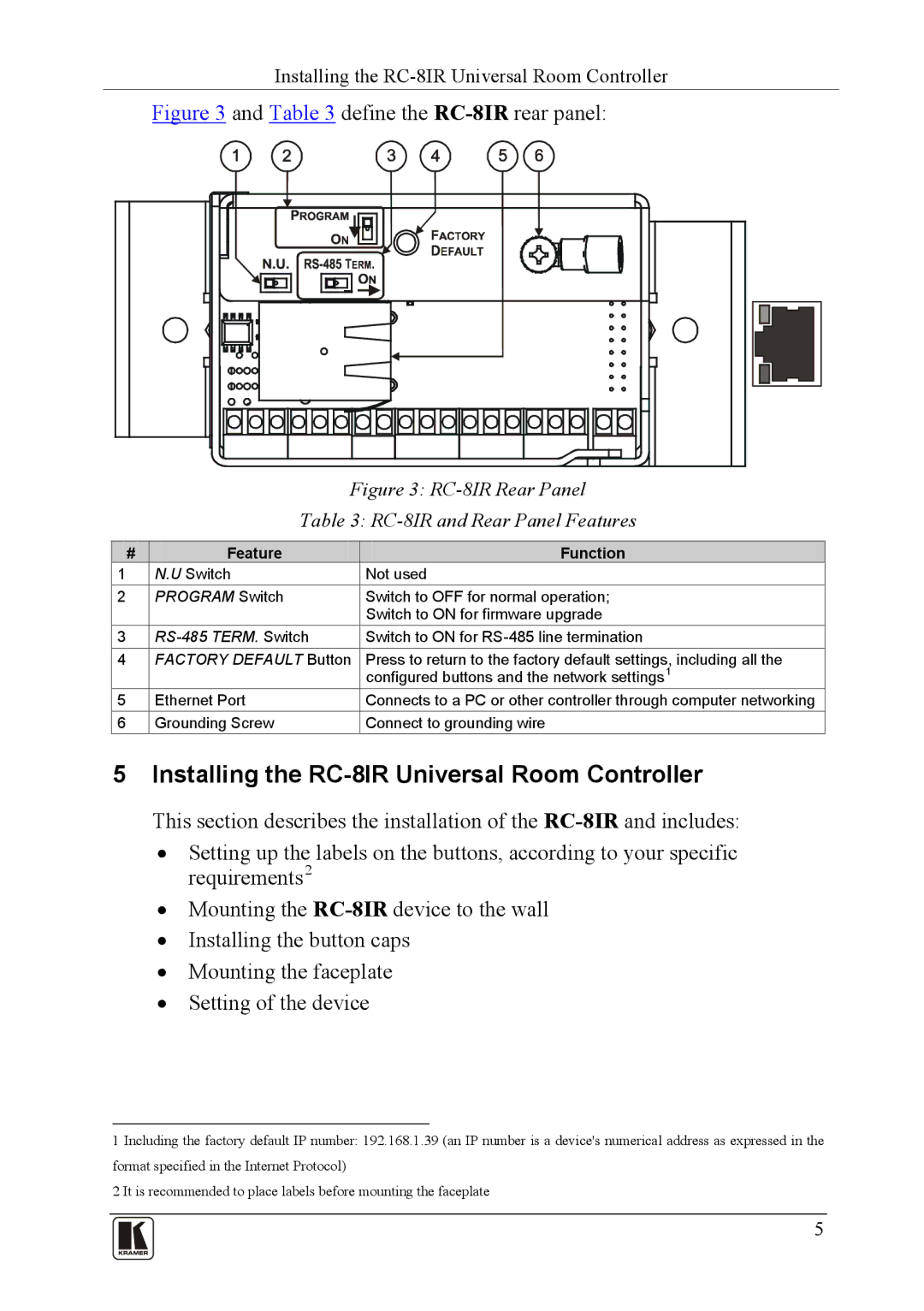 Kramer Electronics RC-81R user manual Installing the RC-8IR Universal Room Controller 