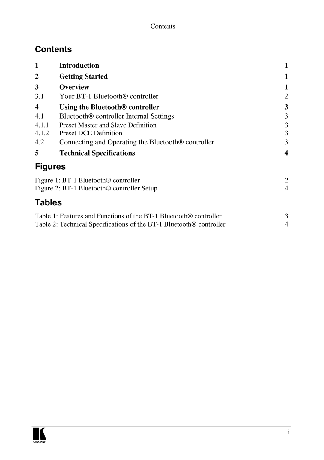 Kramer Electronics RC-BT1, BT-1 user manual Contents, Tables 