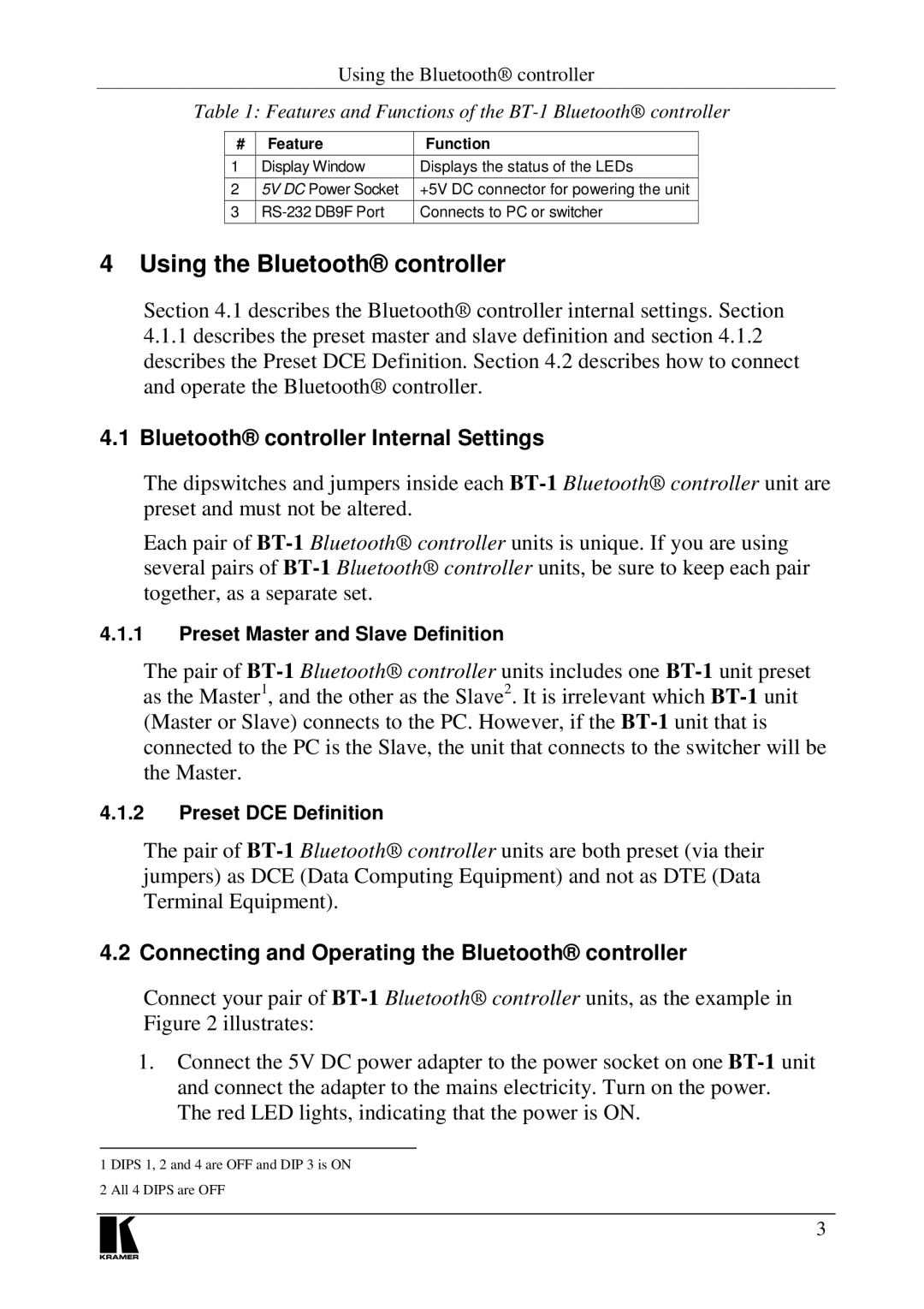 Kramer Electronics BT-1, RC-BT1 user manual Using the Bluetooth controller, Bluetooth controller Internal Settings 