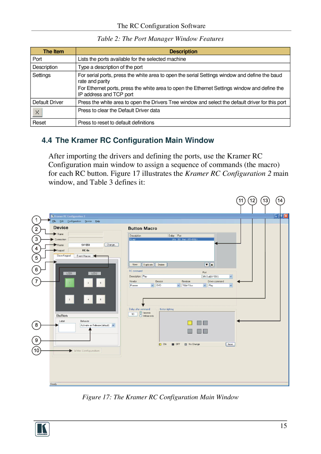 Kramer Electronics RC-SV manual Kramer RC Configuration Main Window, Port Manager Window Features 