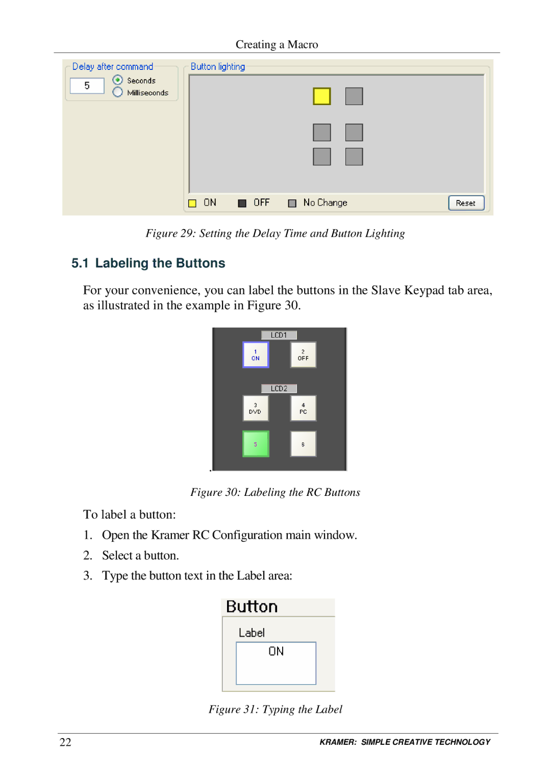 Kramer Electronics RC-SV manual Labeling the Buttons, Setting the Delay Time and Button Lighting 