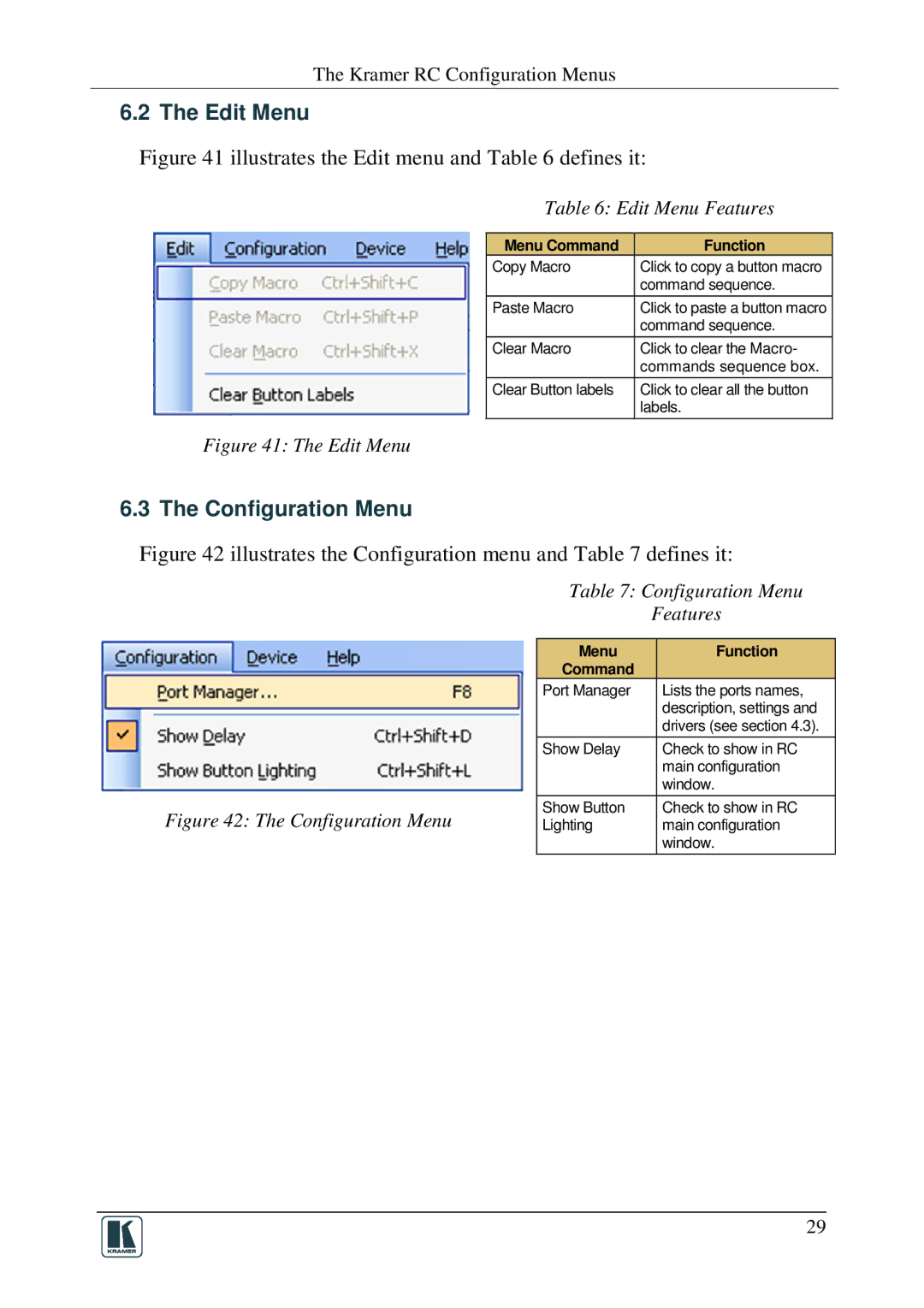 Kramer Electronics RC-SV manual Edit Menu Features, Configuration Menu Features 