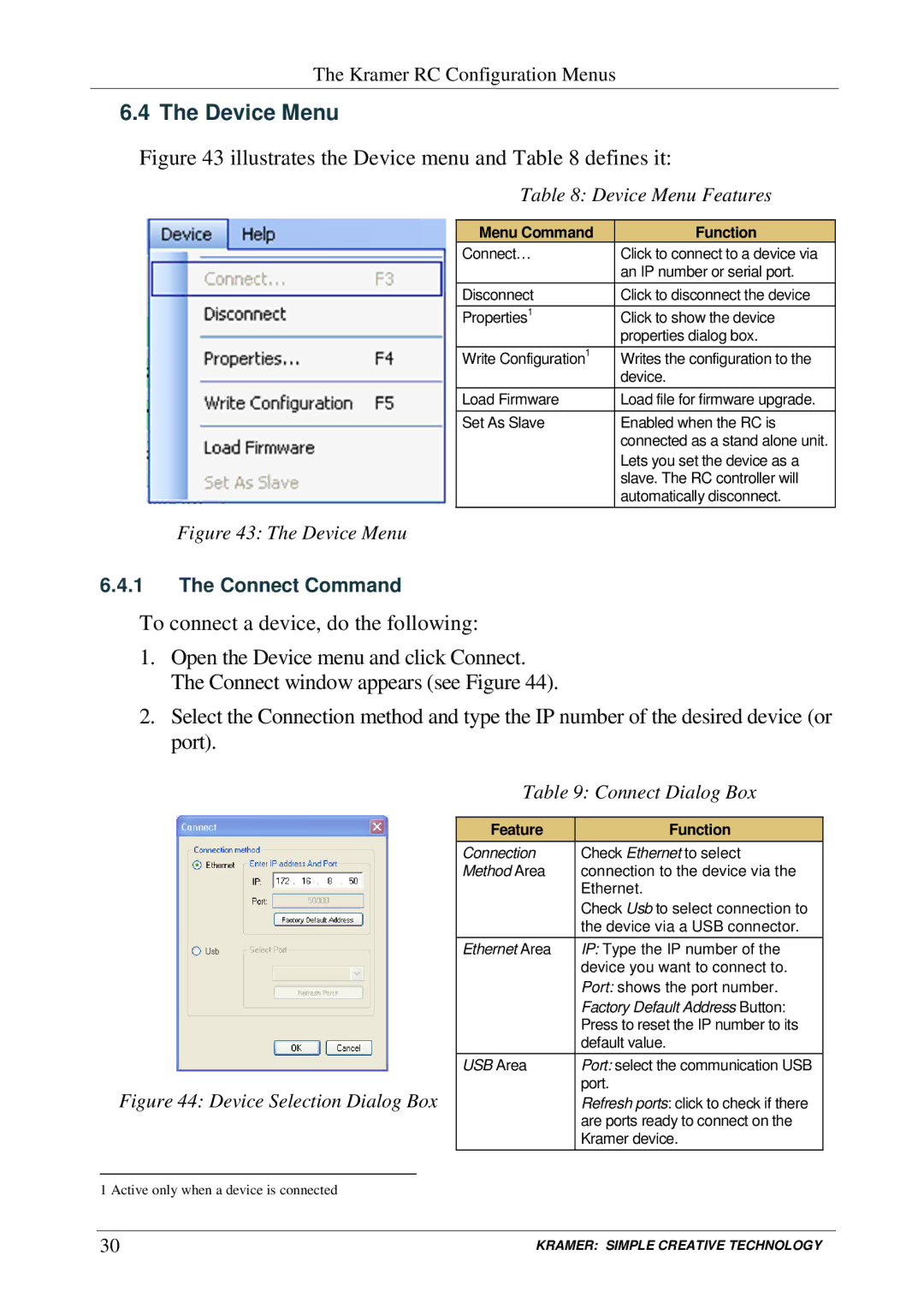 Kramer Electronics RC-SV manual Device Menu Features, Connect Dialog Box 