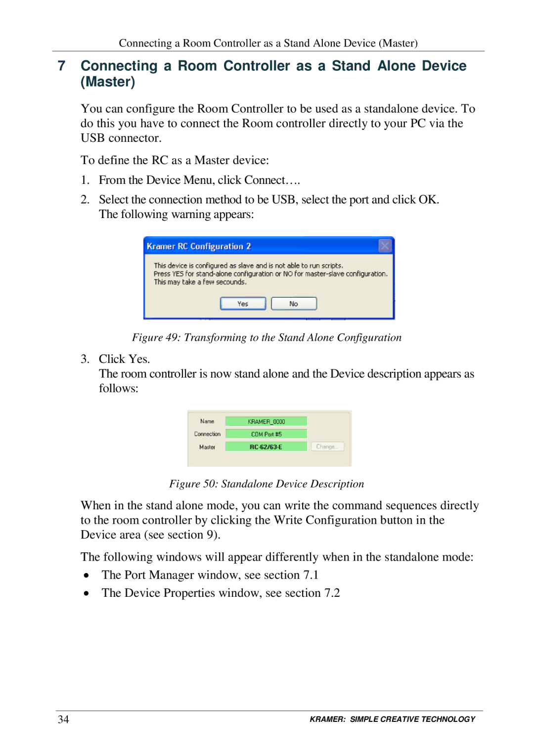 Kramer Electronics RC-SV manual Connecting a Room Controller as a Stand Alone Device Master 