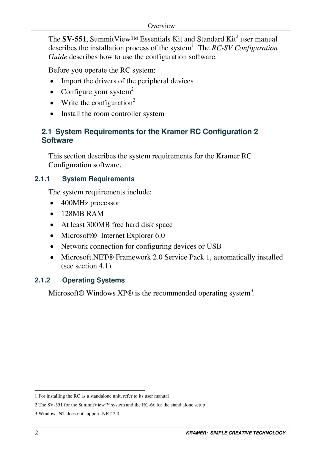 Kramer Electronics RC-SV manual Microsoft Windows XP is the recommended operating system3 