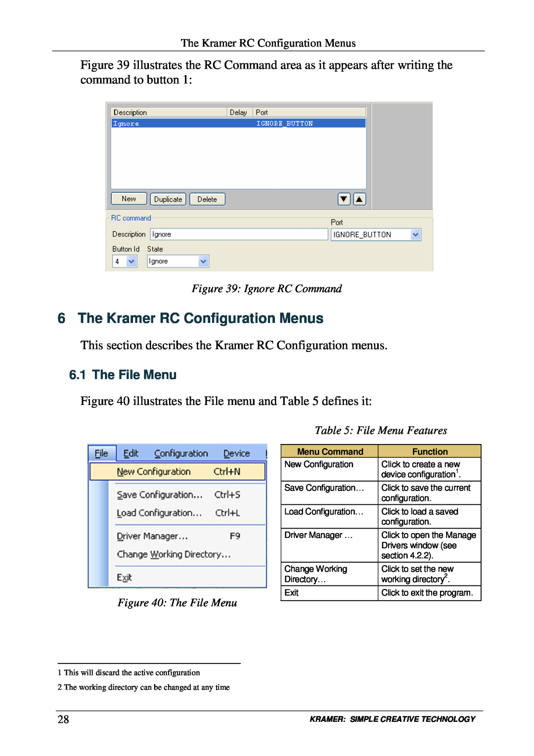 Kramer Electronics RC-SV The Kramer RC Configuration Menus, The File Menu, Ignore RC Command, File Menu Features, Function 