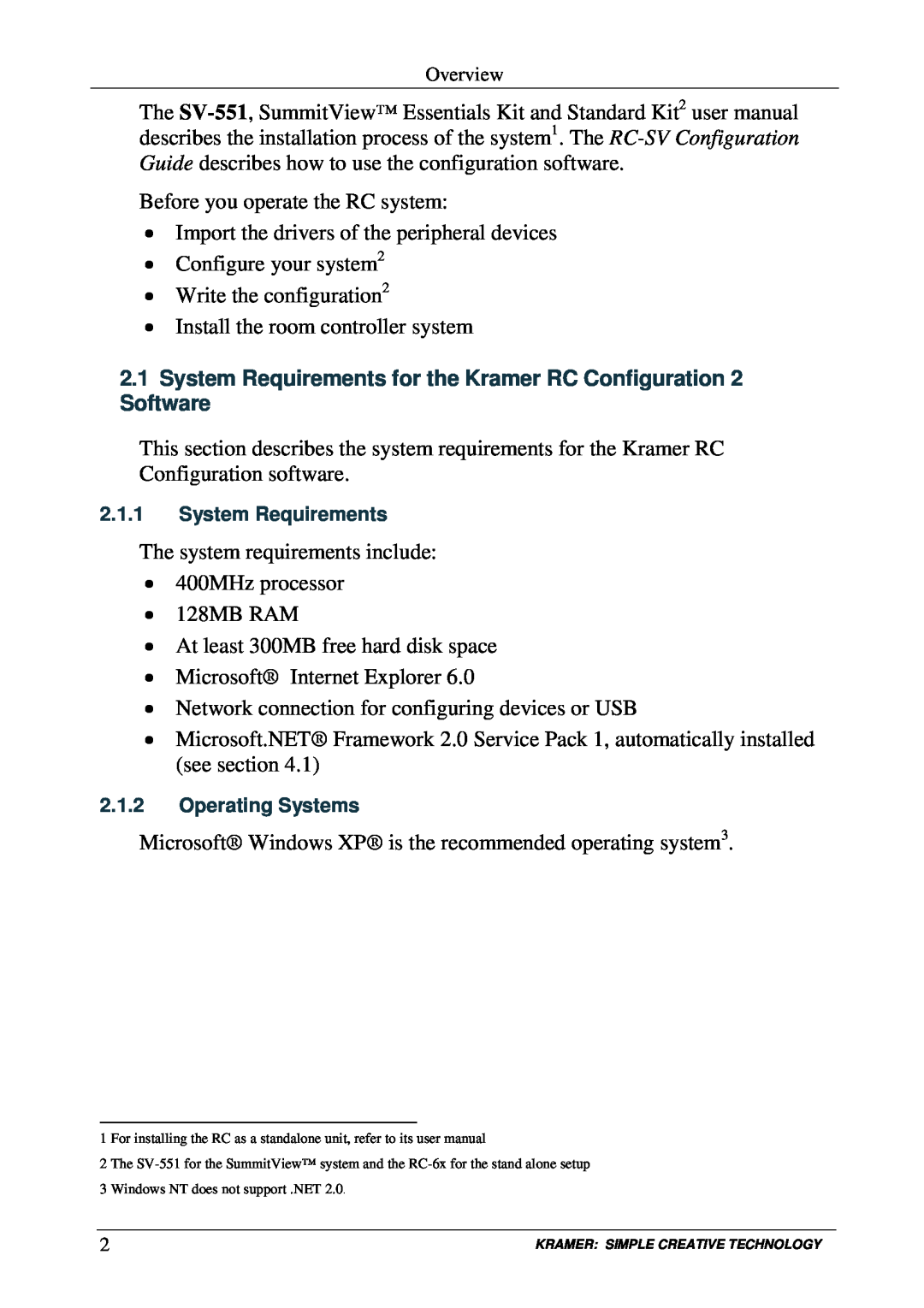 Kramer Electronics RC-SV manual System Requirements for the Kramer RC Configuration 2 Software 