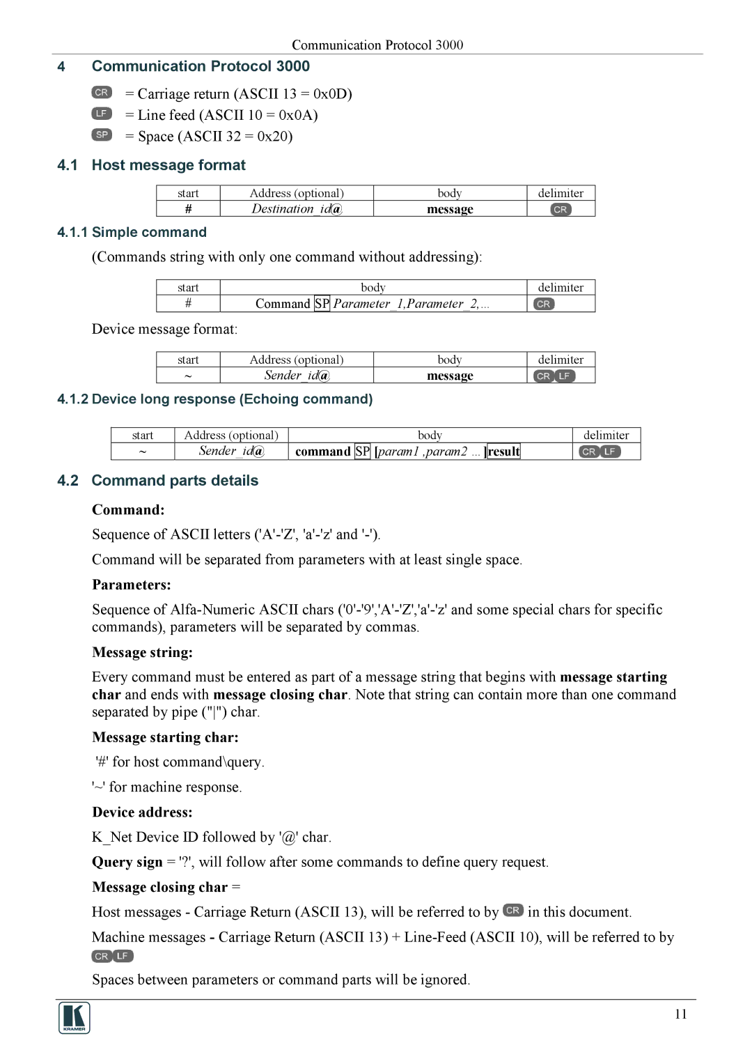 Kramer Electronics revision1 manual Communication Protocol, Host message format, Command parts details 