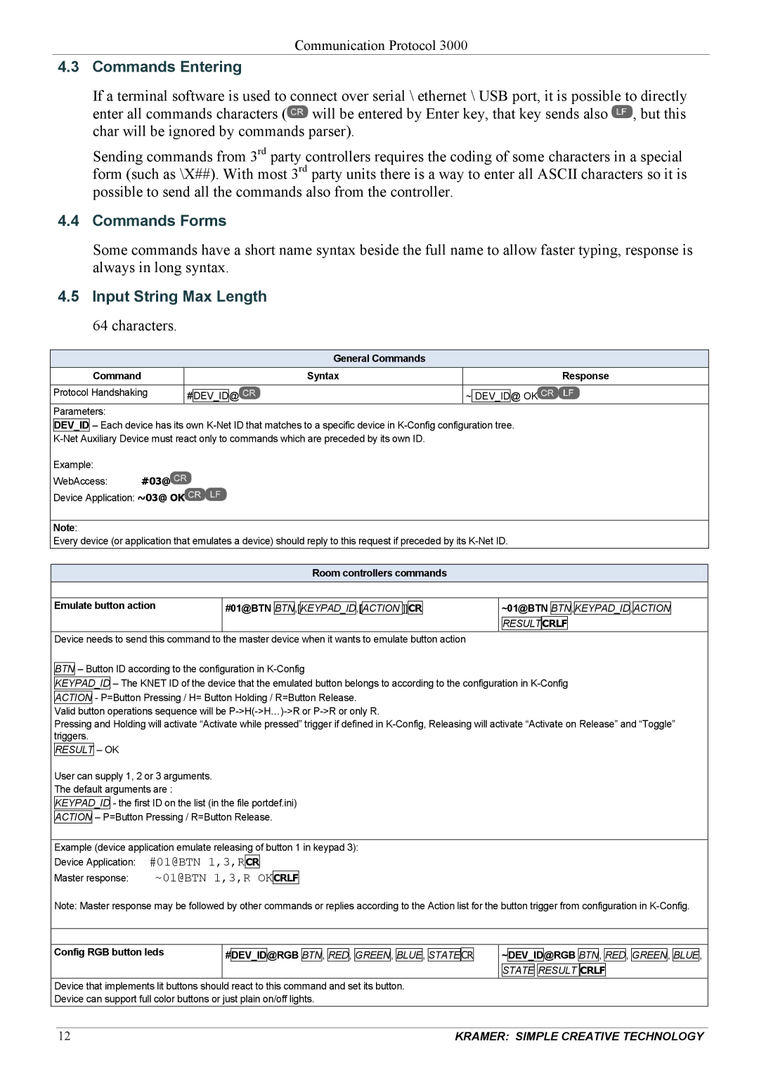 Kramer Electronics revision1 manual Commands Entering, Commands Forms, Input String Max Length 