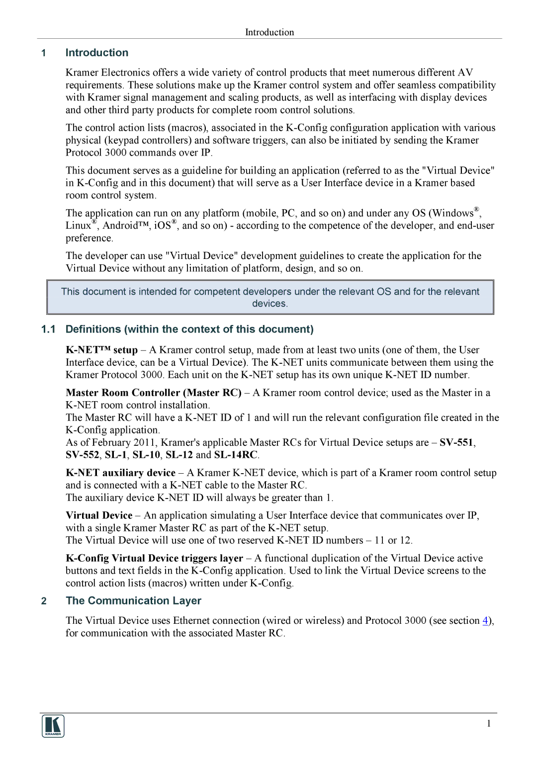 Kramer Electronics revision1 manual Introduction, Definitions within the context of this document, Communication Layer 