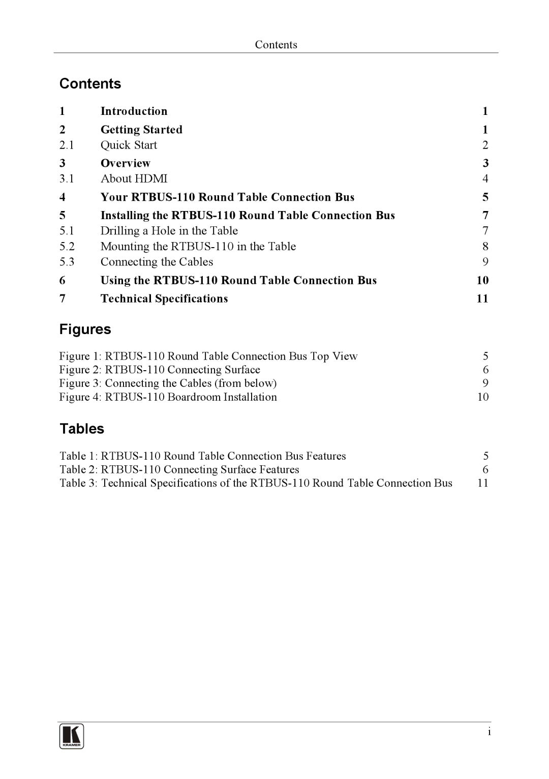 Kramer Electronics RTBUS-110 user manual Contents, Tables 