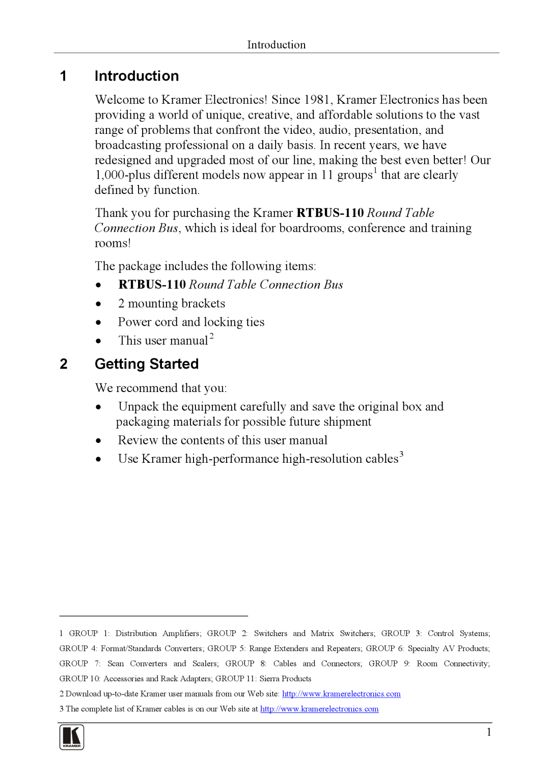 Kramer Electronics RTBUS-110 user manual Introduction, Getting Started 