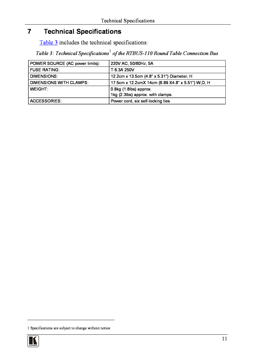Kramer Electronics RTBUS-110 user manual Technical Specifications, includes the technical specifications 
