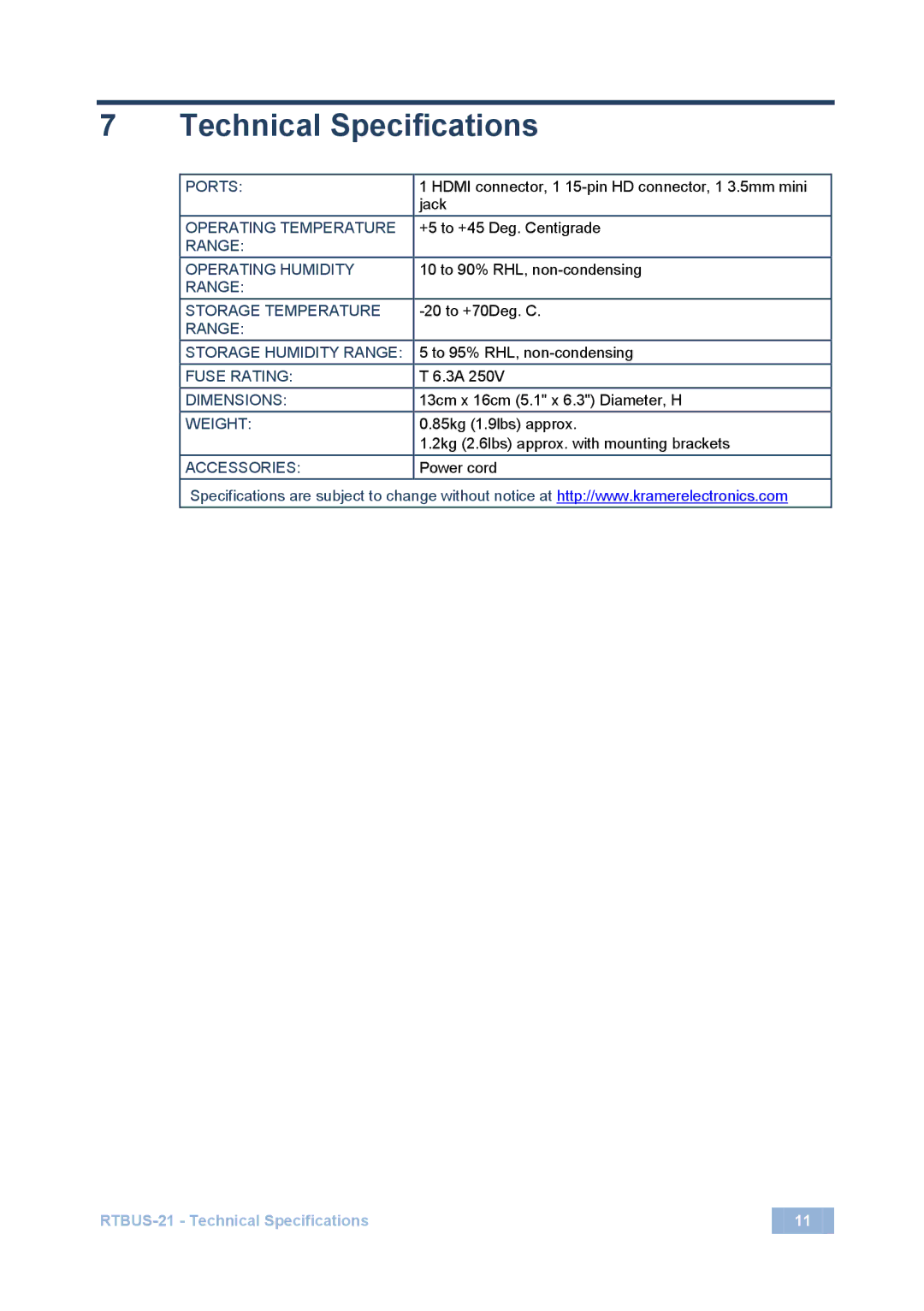 Kramer Electronics RTBUS-21 user manual Technical Specifications 