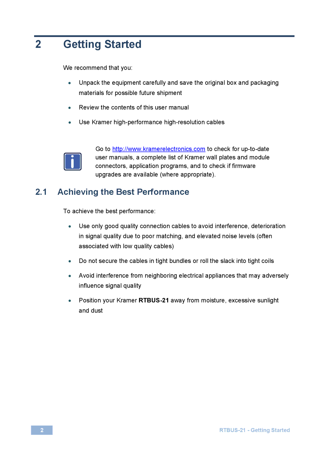 Kramer Electronics RTBUS-21 user manual Getting Started, Achieving the Best Performance 