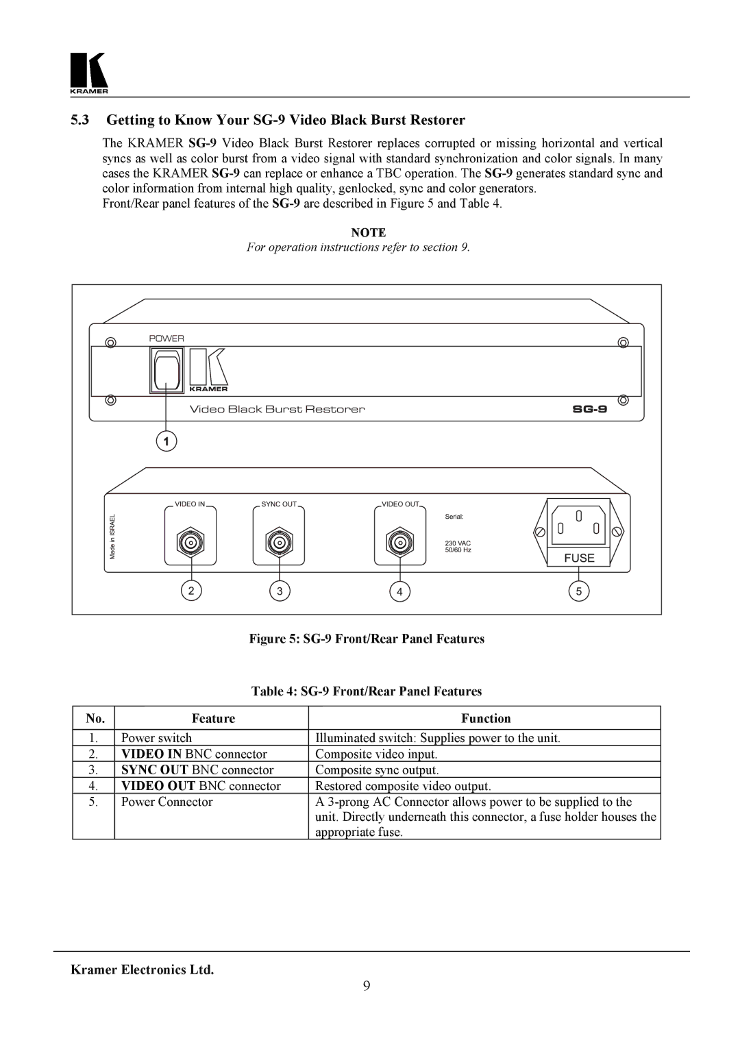 Kramer Electronics SG-6 Getting to Know Your SG-9 Video Black Burst Restorer, SG-9 Front/Rear Panel Features Function 