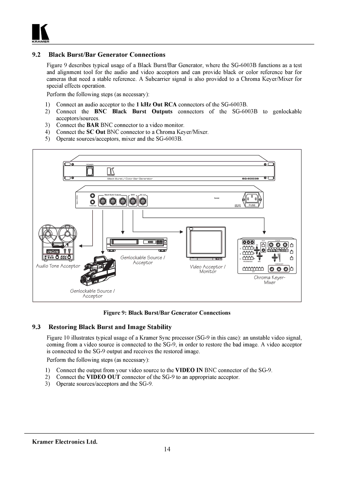 Kramer Electronics SG-6 user manual Black Burst/Bar Generator Connections, Restoring Black Burst and Image Stability 