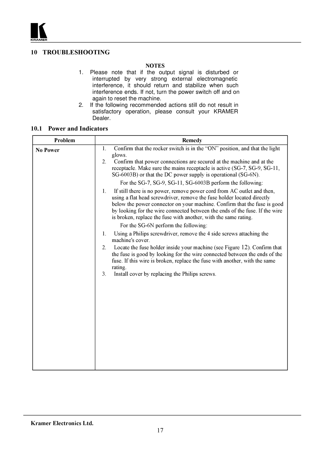 Kramer Electronics SG-6 user manual Troubleshooting, Power and Indicators, Problem Remedy No Power 