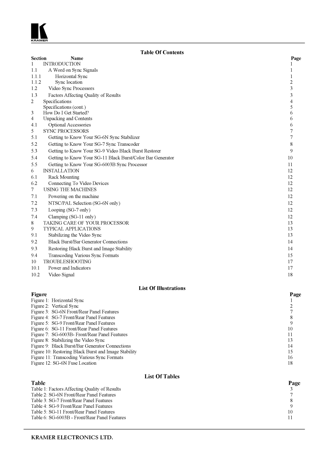 Kramer Electronics SG-6 user manual List Of Tables, Table Of Contents 