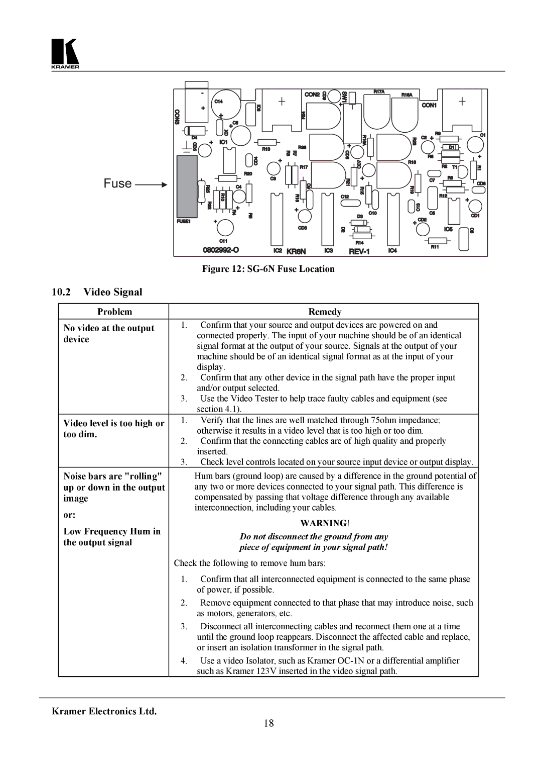 Kramer Electronics SG-6 user manual Video Signal 